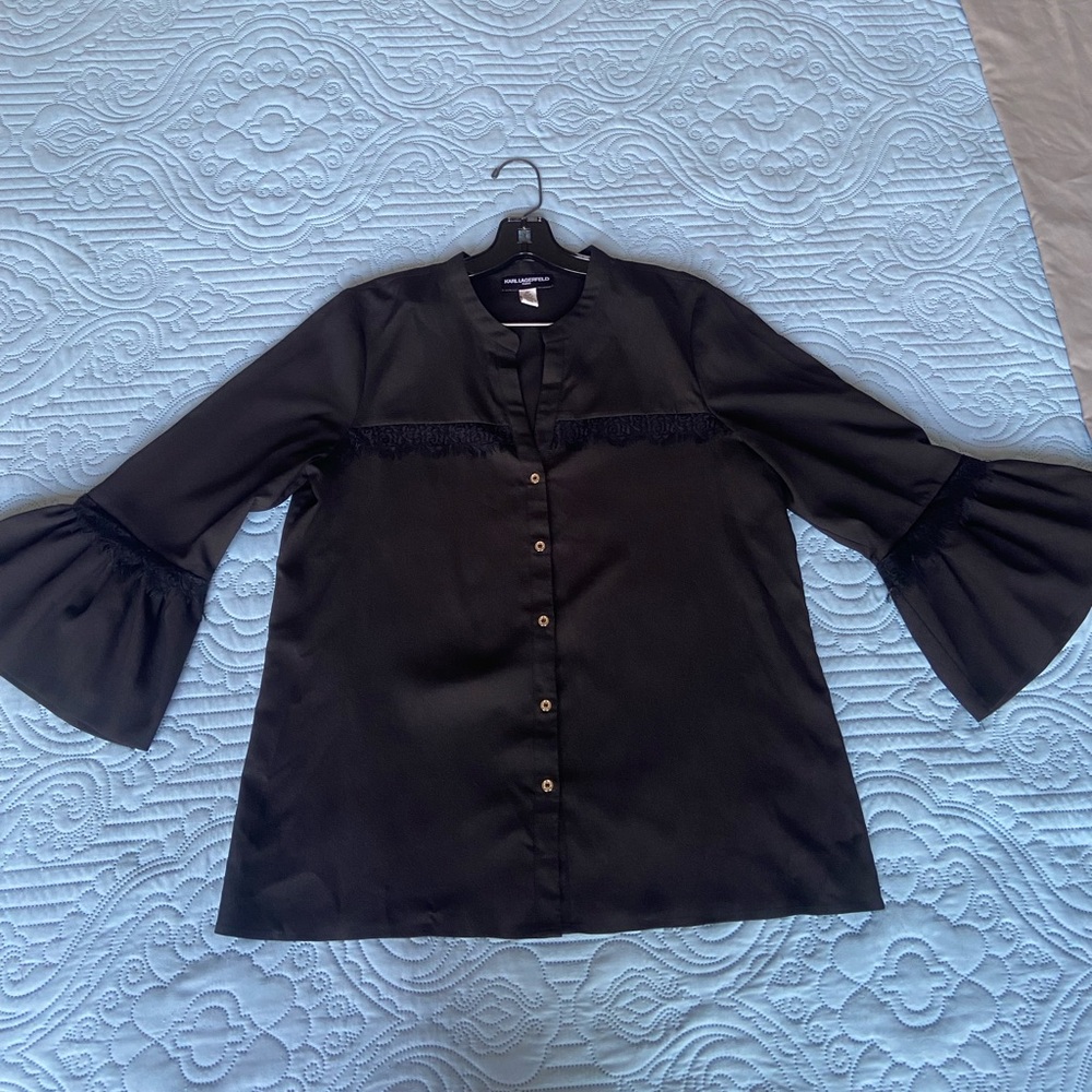 Karl Lagerfeld Paris Black Button Down with Ruffle Bell Sleeves